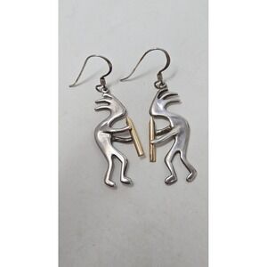 Vintage Kokopelli Sterling Silver Mixed Metal Flute Player Dangle Earrings 1.5"